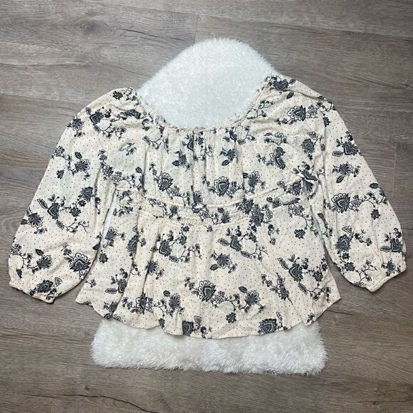 Torrid Top Rayon Ruched Waist Beige Floral Boho Blouse Long Sleeve Size 3 XXXL - Picture 3 of 13